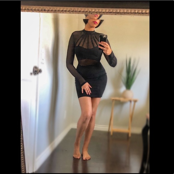 Dresses & Skirts - Long sleeve black mini mesh dress